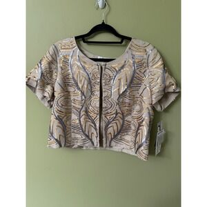 Peter Nygard Tan Sequin Art Deco Bolero Jacket Short Sleeve Linen Blend 16 NEW